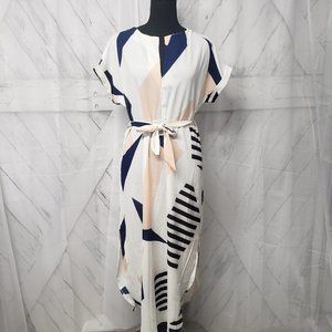 Unbranded Pink White Retro Print Belted Lightweight Midi Summer Dress Size XL